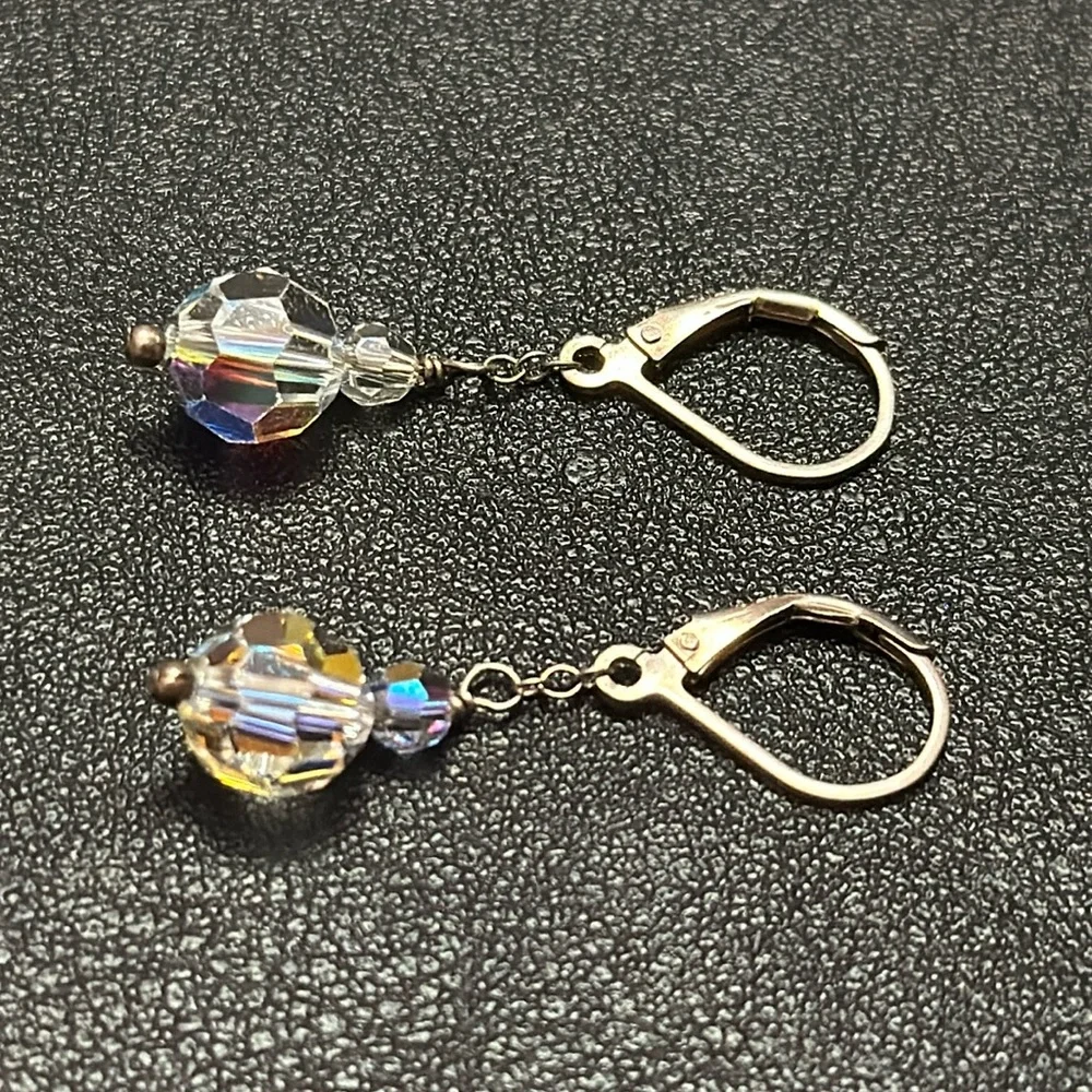 925 Silver Wire Hook Lever Back AB Clear Crystal Dangle Vintage Earrings
